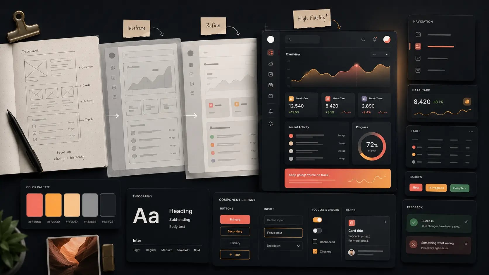 UI/UX design workflow showing Figma wireframes, design system components, and product design deliverables