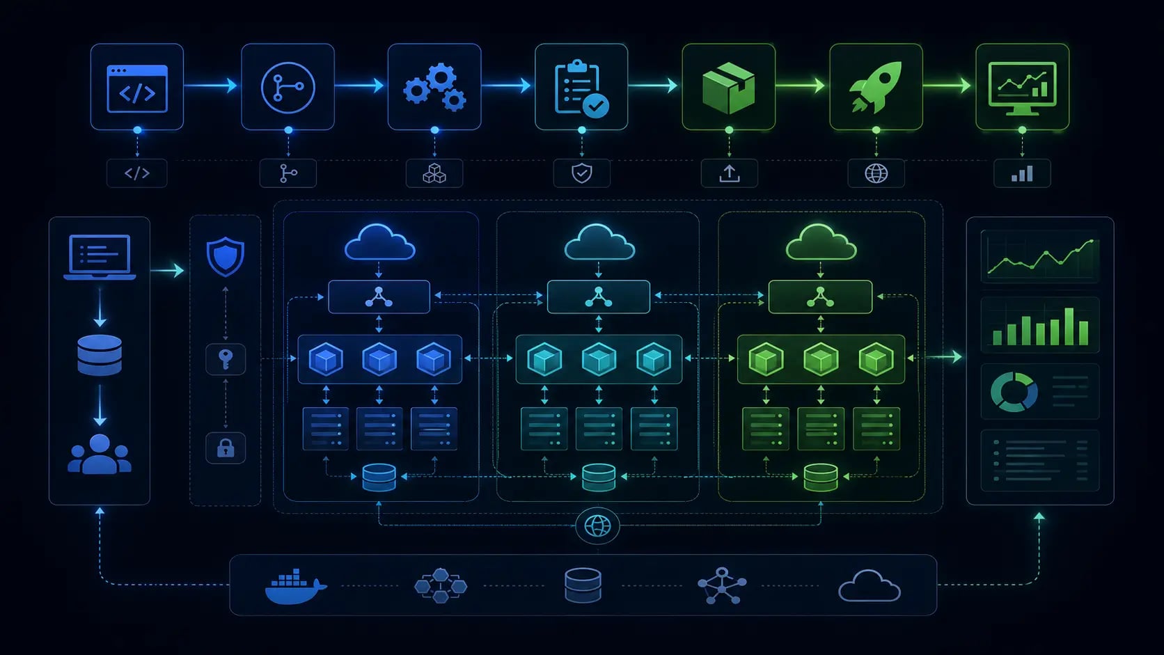 DevOps and cloud infrastructure dashboard showing CI/CD pipelines, monitoring, and cloud architecture