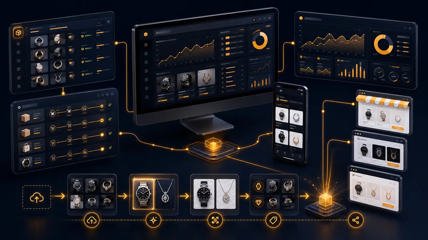 Custom e-commerce platform showing inventory management, order processing and marketplace integrations