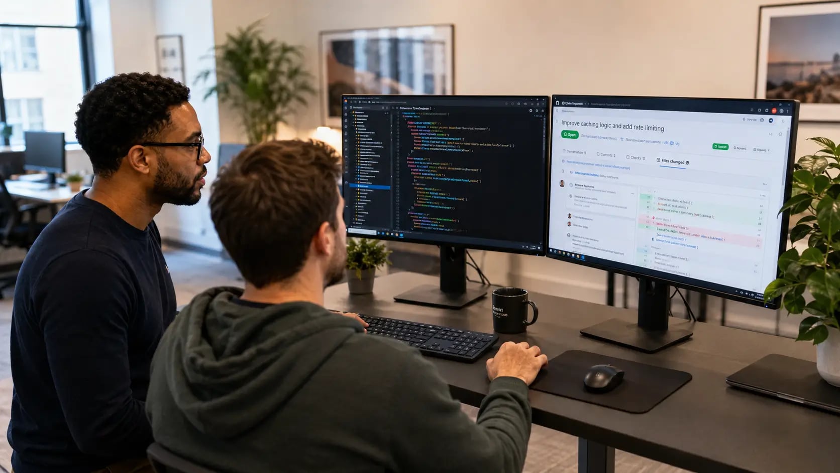 Senior developers collaborating inside a client engineering team