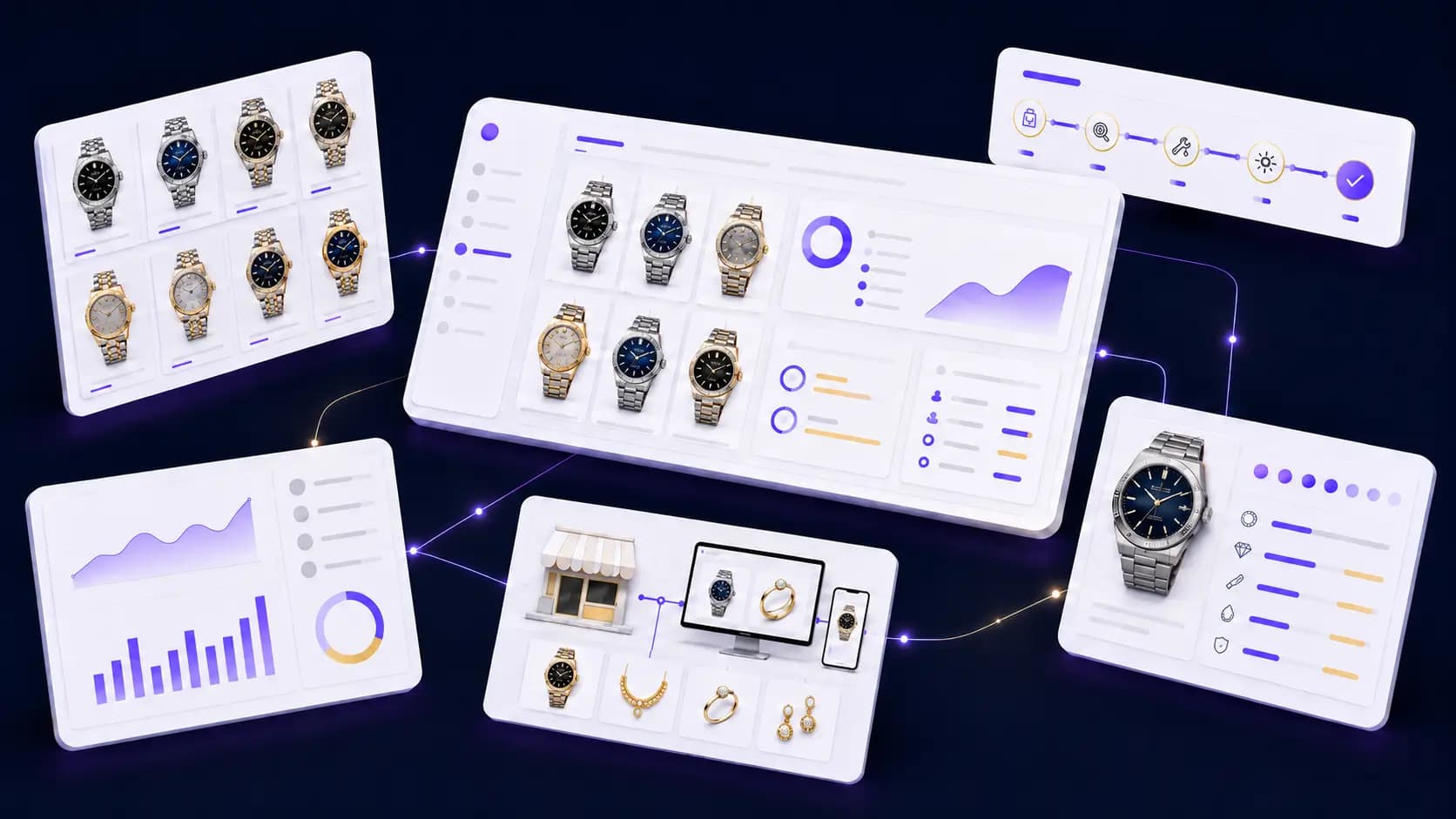 Luxury watch and jewellery retail CRM dashboard showing inventory, repairs and sales management