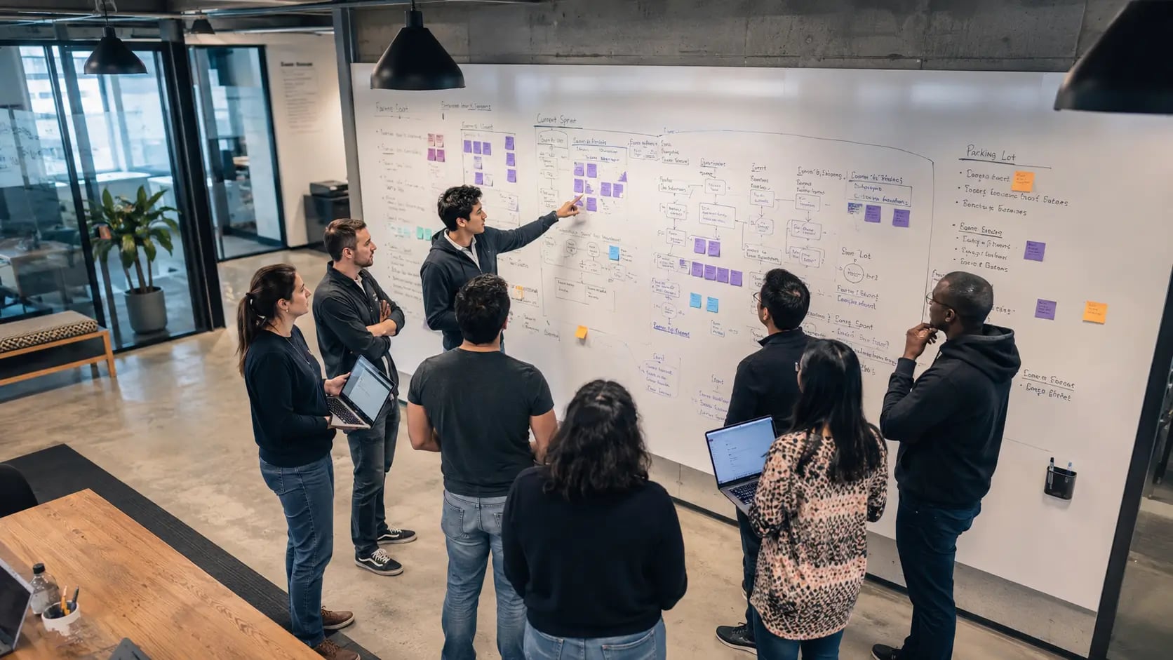 Engineering team standup collaborating on sprint planning at a whiteboard